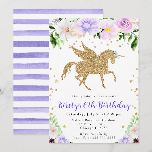 Invitation Fête d'anniversaire licorne dorée fleurs violettes (Devant / Derrière)