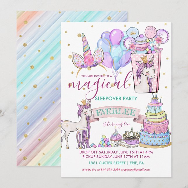 Invitation Fête d'anniversaire licorne en pyjama (Devant / Derrière)