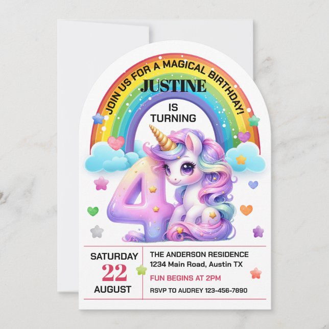 Invitation Fête d'anniversaire licorne et arc-en-ciel mignonn (Devant)