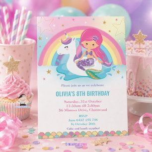 Invitation Fête d'anniversaire licorne et sirène arc-en-ciel