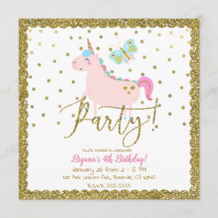 Invitation Fête d'anniversaire licorne fille paillettes rose 