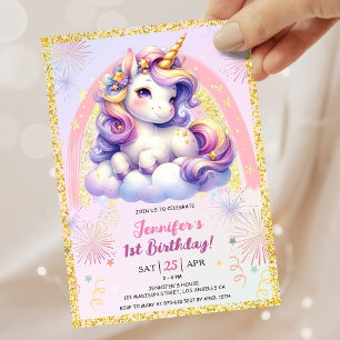 Invitation Fête d'anniversaire Licorne Fille Violet Rose & Or