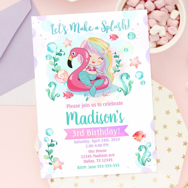 Invitation Fête d'anniversaire licorne flamant rose Piscine (Créateur téléchargé)