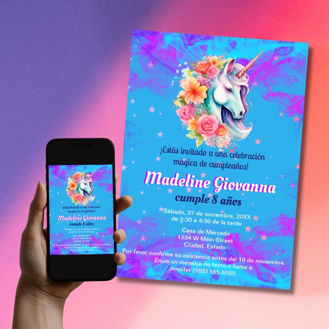 Invitation Fête d'anniversaire licorne florale espagnole pour (Créateur téléchargé)