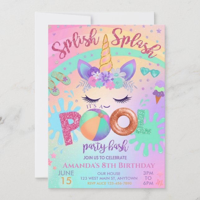 Invitation Fête d'anniversaire Licorne Flotte Splish Splash P (Devant)