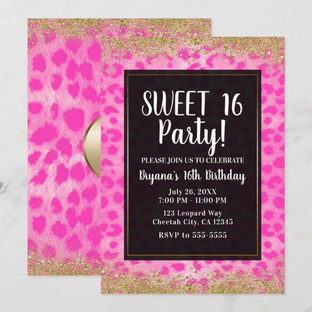 Invitation Fête d'anniversaire licorne léopard rose paillette (Devant / Derrière)