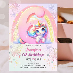 Invitation Fête d'anniversaire licorne magique arc-en-ciel 6 