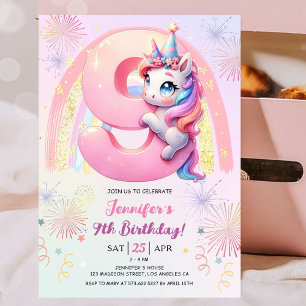 Invitation Fête d'anniversaire Licorne Magique Arc-en-ciel 9 