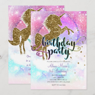 Invitation Fête d'anniversaire Licorne Magique Galaxie Rose P