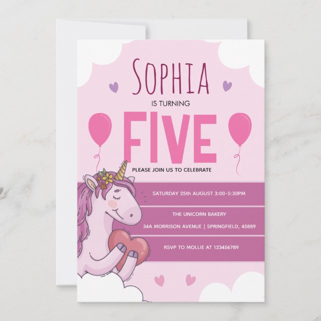 Invitation Fête d'anniversaire licorne magique rose 5 ans  (Devant)