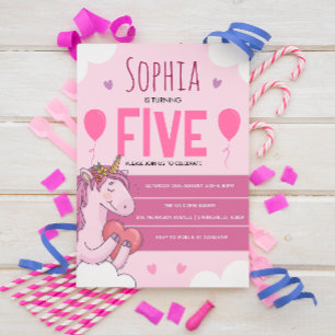 Invitation Fête d'anniversaire licorne magique rose 5 ans 