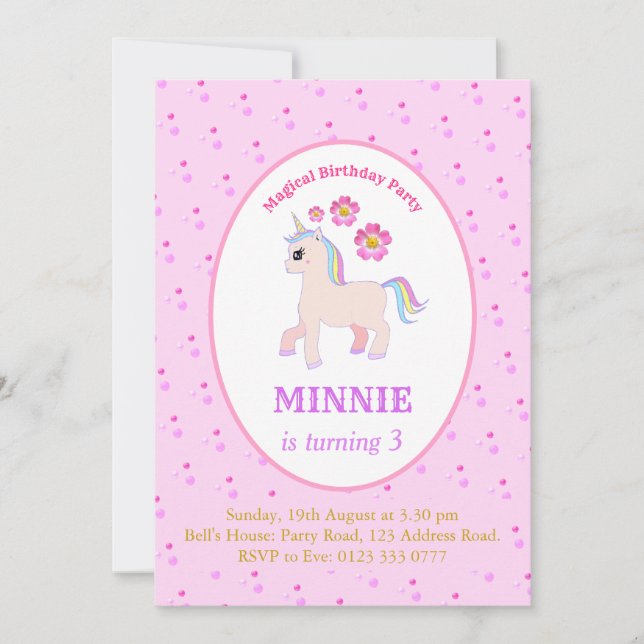 Invitation Fête d'anniversaire licorne mignonne (Devant)