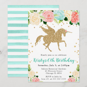 Invitation Fête d'anniversaire licorne or fleurs menthe rose
