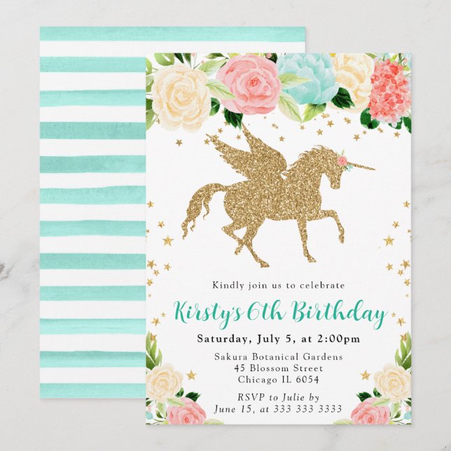 Invitation Fête d'anniversaire licorne or fleurs menthe rose (Devant / Derrière)