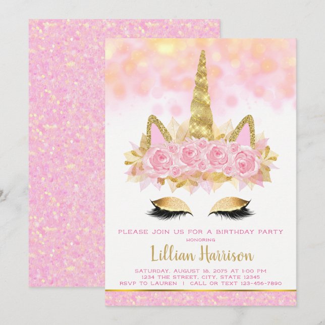 Invitation Fête d'anniversaire licorne or rose (Devant / Derrière)