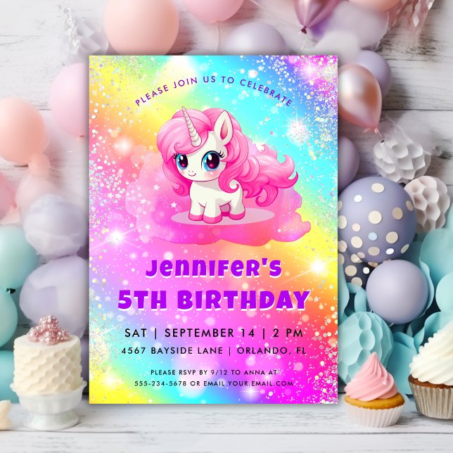 Invitation Fête d'anniversaire licorne pailletée arc-en-ciel  (Créateur téléchargé)