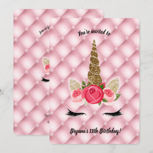 Invitation Fête d'anniversaire licorne paillettes dorées et r