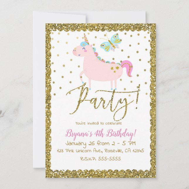 Invitation Fête d'anniversaire licorne paillettes roses et or (Devant)