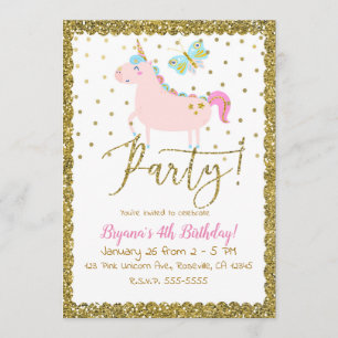 Invitation Fête d'anniversaire licorne paillettes roses et or