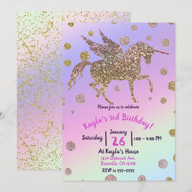 Invitation Fête d'anniversaire Licorne Pastel Arc-en-ciel Poi (Devant / Derrière)