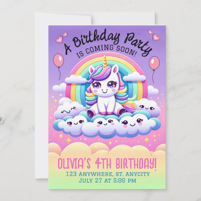 Invitation Fête d'anniversaire licorne personnalisable (Devant)