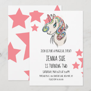 Invitation Fête d'anniversaire licorne rose étoiles dessinées