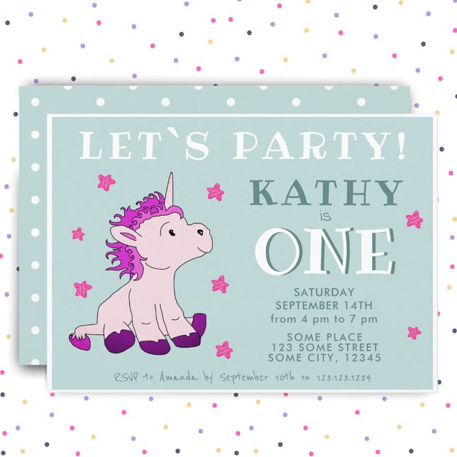 Invitation Fête d'anniversaire Licorne Rose Une 1ère  (Créateur téléchargé)