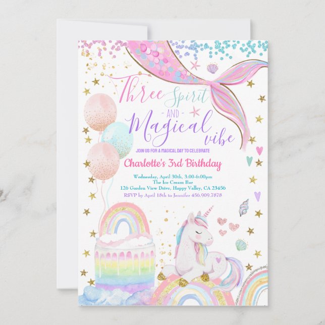 Invitation Fête d'anniversaire Licorne Sirène 3 ans Magique  (Devant)