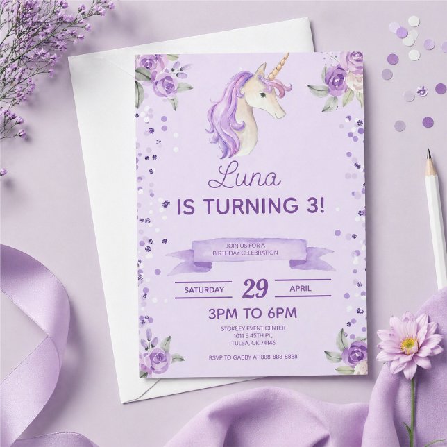Invitation Fête d'anniversaire licorne violette paillettes co (Créateur téléchargé)