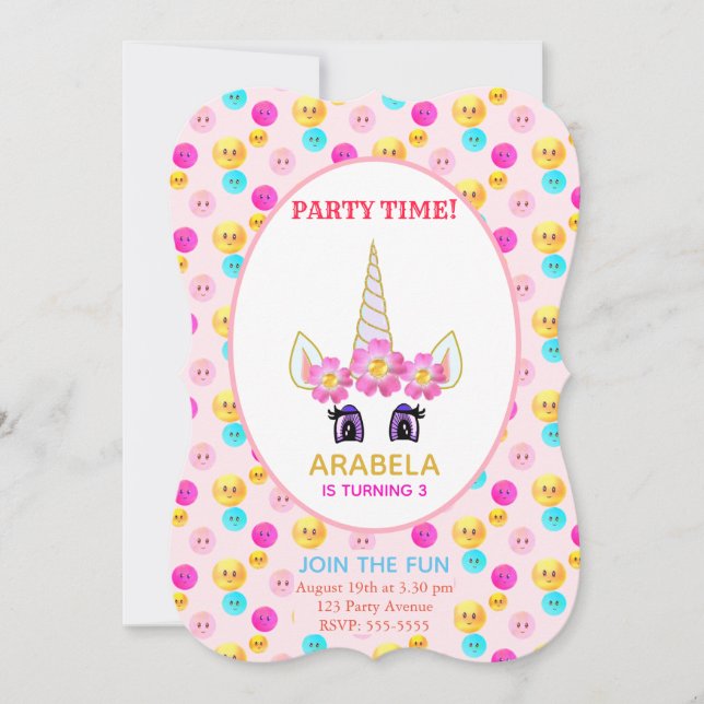 Invitation Fête d'anniversaire Licorne & Visages Joyeux (Devant)