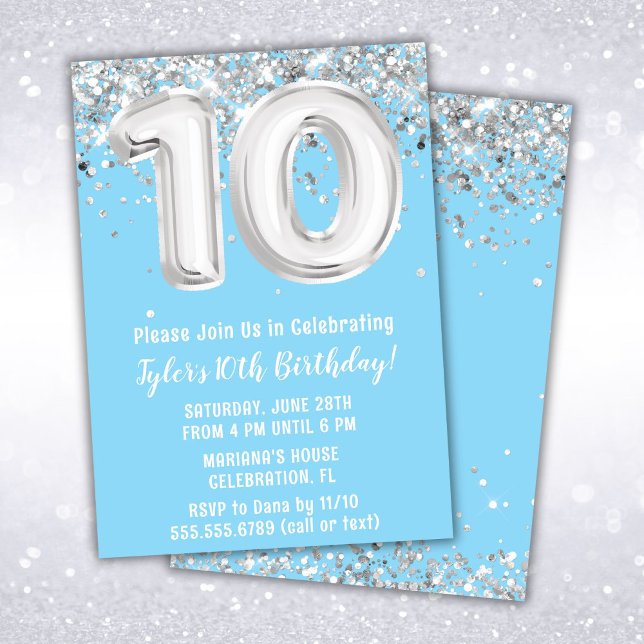 Invitation Fête d'anniversaire Light Blue Silver 10 ans (Créateur téléchargé)