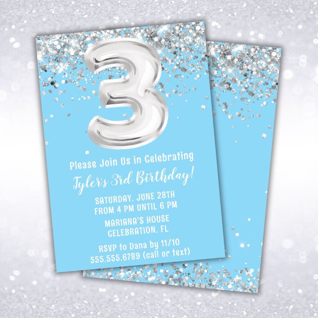 Invitation Fête d'anniversaire Light Blue Silver 3 ans (Créateur téléchargé)
