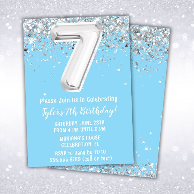 Invitation Fête d'anniversaire Light Blue Silver 7 ans (Créateur téléchargé)