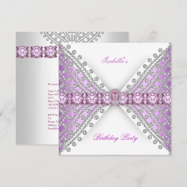 Invitation Fête d'anniversaire Lilas Rose Argent Blanc Diaman (Devant / Derrière)