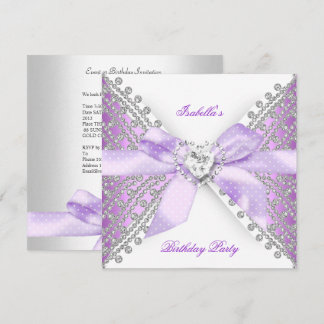 Invitation Fête d'anniversaire Lilas Violet Argent Blanc Diam