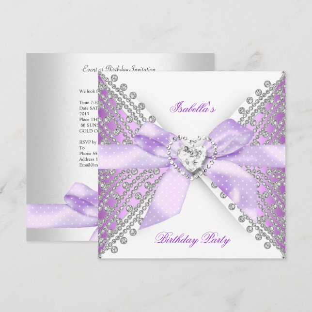 Invitation Fête d'anniversaire Lilas Violet Argent Blanc Diam (Devant / Derrière)
