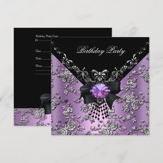 Invitation Fête d'anniversaire lilas violet noir argent damas (Devant / Derrière)
