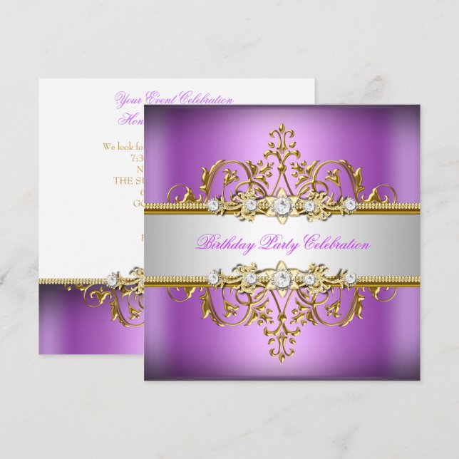 Invitation Fête d'anniversaire Lilas Violet Or Blanc Argent (Devant / Derrière)