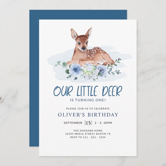 Invitation Fête d'anniversaire Little Deer Blue Floral Invit (Devant / Derrière)
