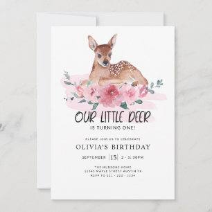Invitation Fête d'anniversaire Little Deer rose Floral