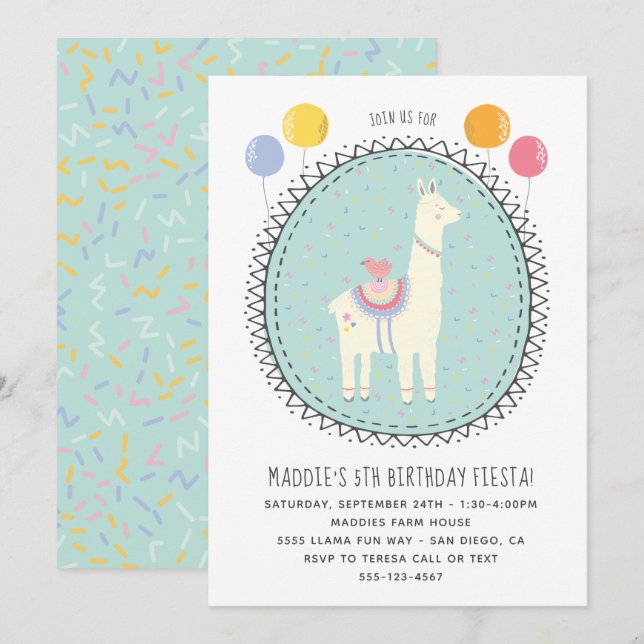 Invitation Fête d'anniversaire Llama dessinée à la main (Devant / Derrière)