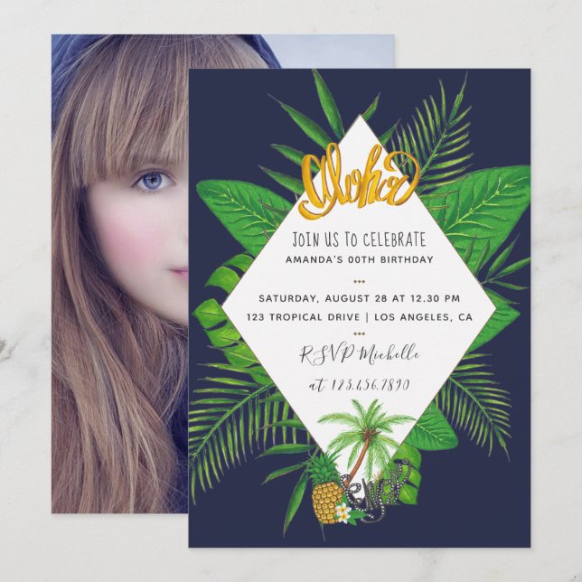 Invitation Fête d'anniversaire Luau Aloha hawaïenne ajouter u (Devant / Derrière)
