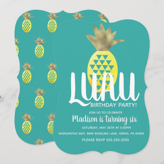 Invitation Fête d'anniversaire LUAU Ananas Tout Âge (Devant / Derrière)