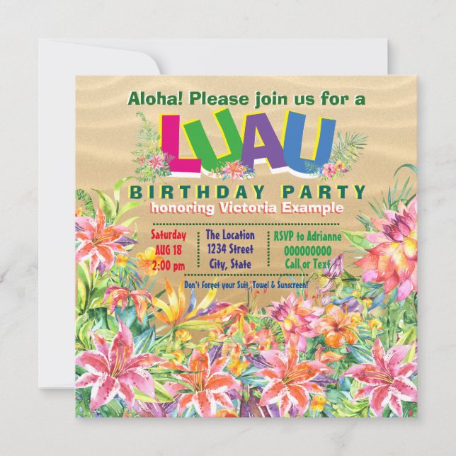 Invitation Fête d'anniversaire Luau de plage tropicale (Devant)