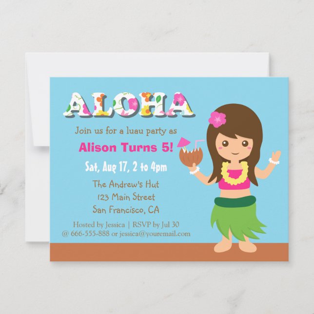 Invitation Fête d'anniversaire Luau Fille de Hula Hawaii Colo (Devant)