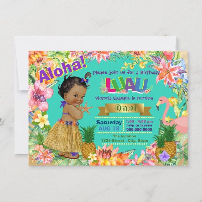 Invitation Fête d'anniversaire Luau Hawaïenne Fille Afro-Amér (Devant)