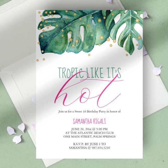 Invitation Fête d'anniversaire Luau pour 16 ans douce (birthday party sweet 16 tropical luau vibrant pink and green monstera palm leaves)