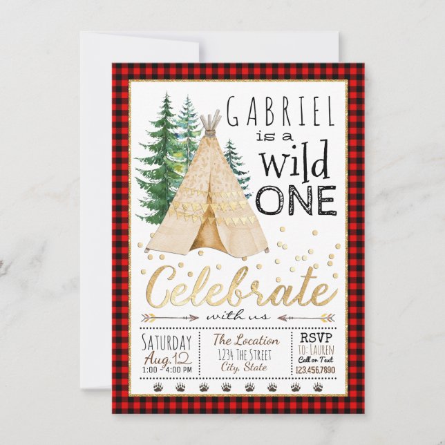 Invitation Fête d'anniversaire Lumberjack Wild One Tipi Triba (Devant)
