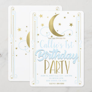 Invitation Fête d'anniversaire lune étoiles or bleu clair cap