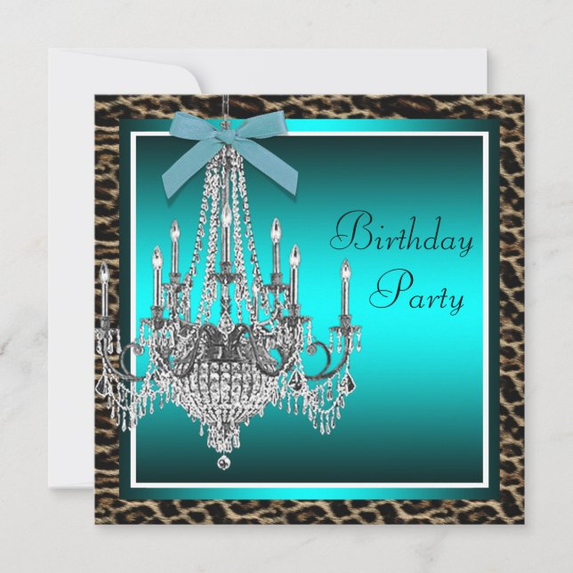 Invitation Fête d'anniversaire lustre bleu sarcelle léopard (Devant)
